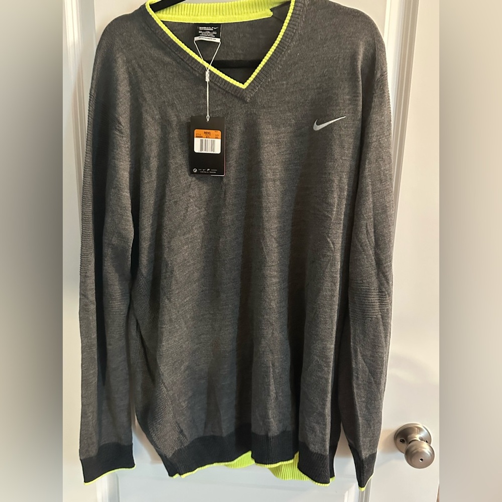 Nike Men's Charcoal V-Neck Sweater with Lime Accent